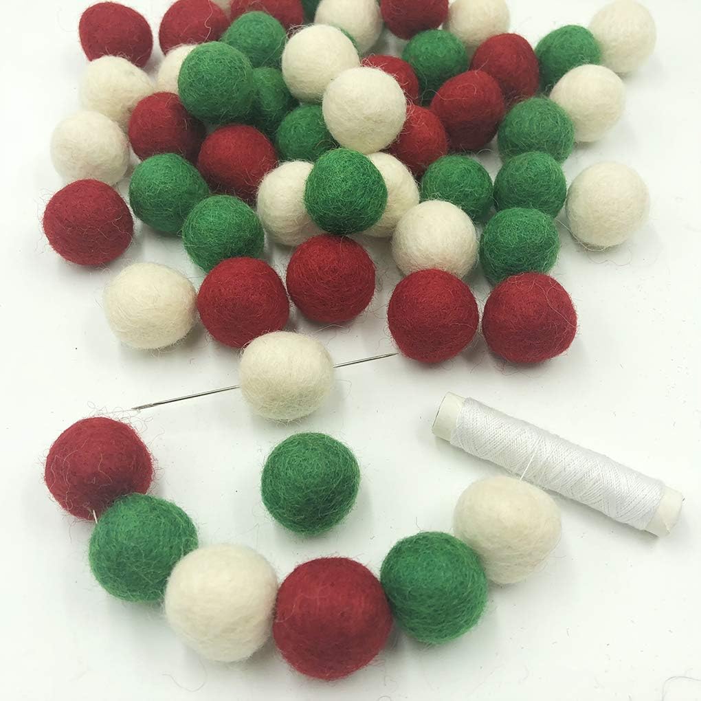 Bolas de fieltro de Navidad, color rojo, verde, blanco, 80 unidades, 0.8 in, para bricolaje, pompón, guirnalda de bolas de lana