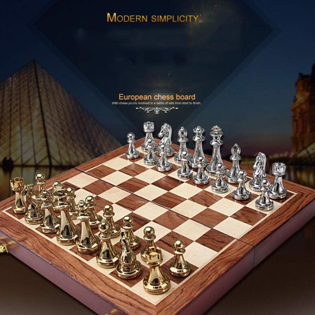ROLTIN Juego de ajedrez de regalo de metal brillante dorado y plateado Piezas de ajedrez de madera maciza Plegable Tablero de ajedrez profesional de