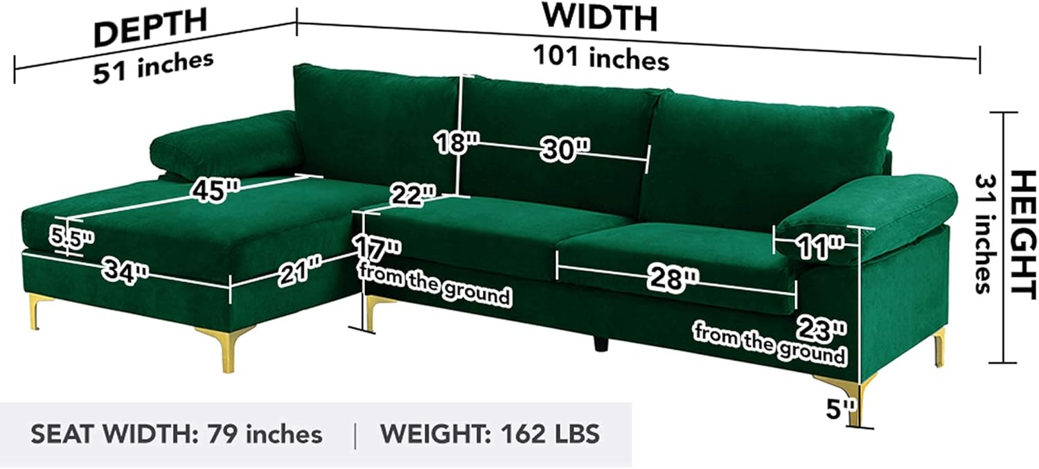 Sofá modular moderno en forma de L, con diván extra ancho y patas doradas
