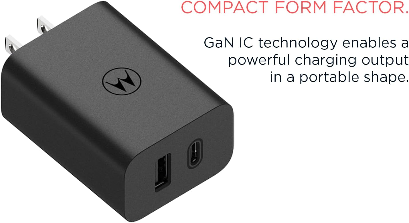 Motorola Cargador TurboPower Share de 50 W – Doble puerto USB-A y USB-C, potente USB-PD (suministro de energía) y salidas QC3.0 con cable USB-C de