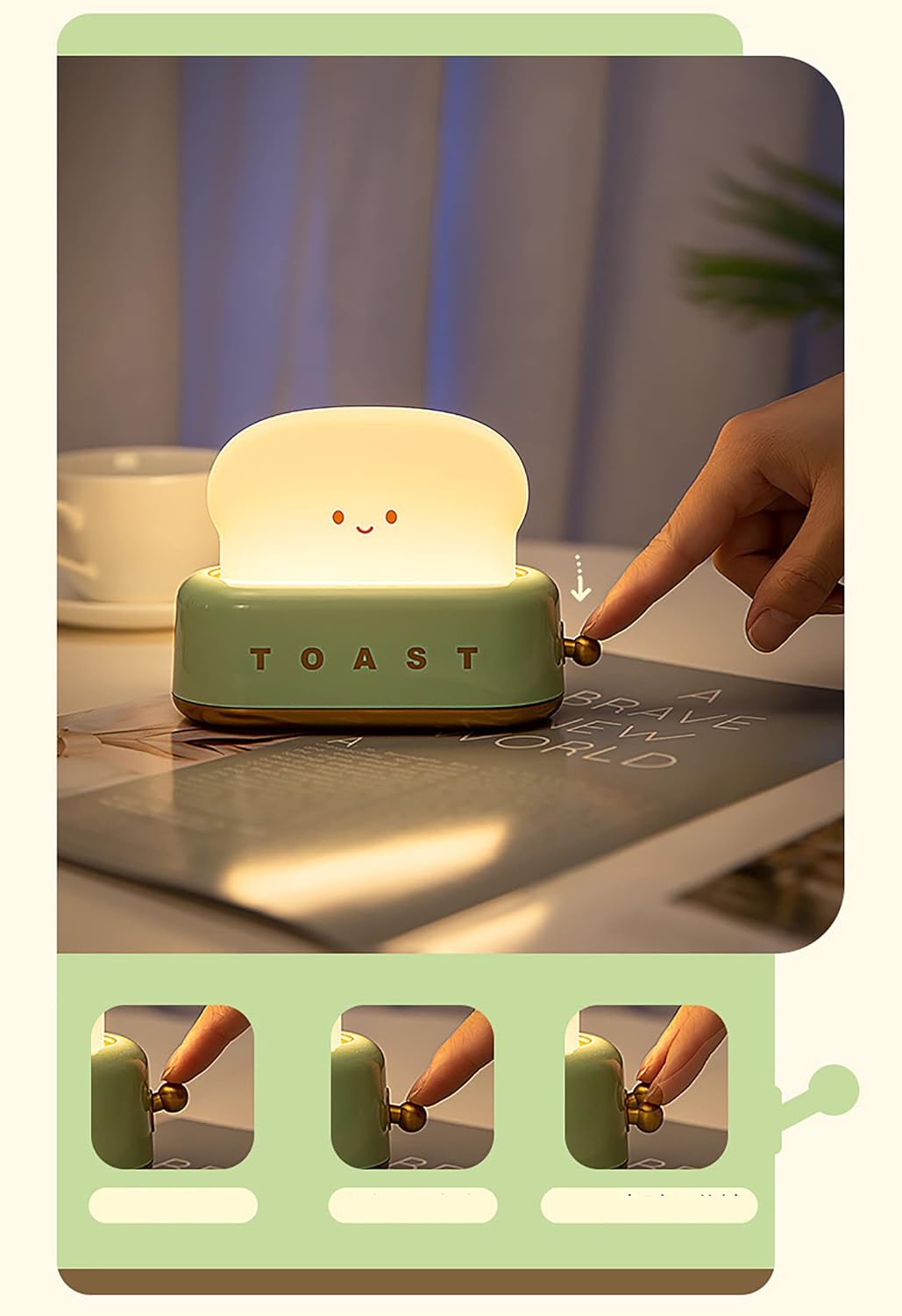 Bonita lámpara de tostadora para decoración de escritorio, pequeña luz LED regulable para tostadas y pan, luz nocturna recargable, luz portátil con