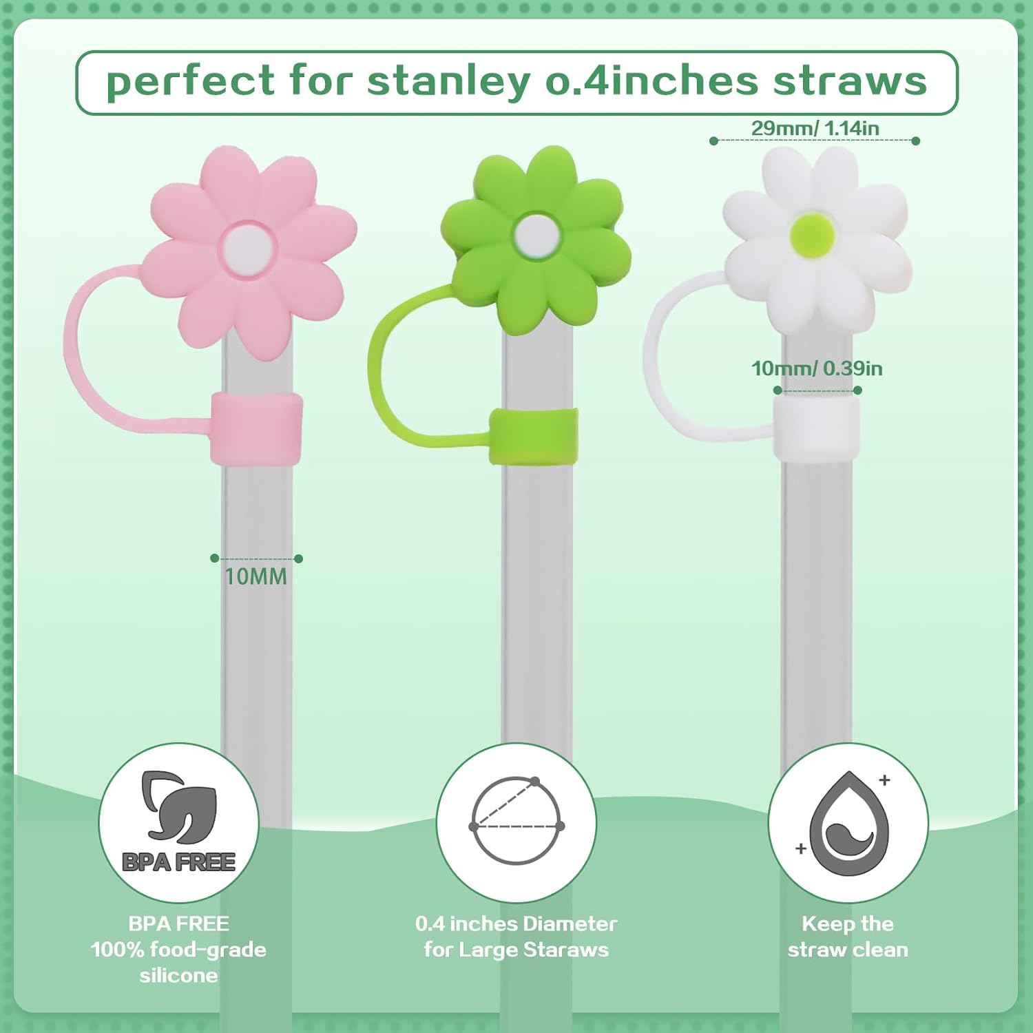 10 fundas de paja de silicona con diseño de flores para copa Stanley, fundas reutilizables para popotes compatibles con Stanley de 30 y 40 onzas,
