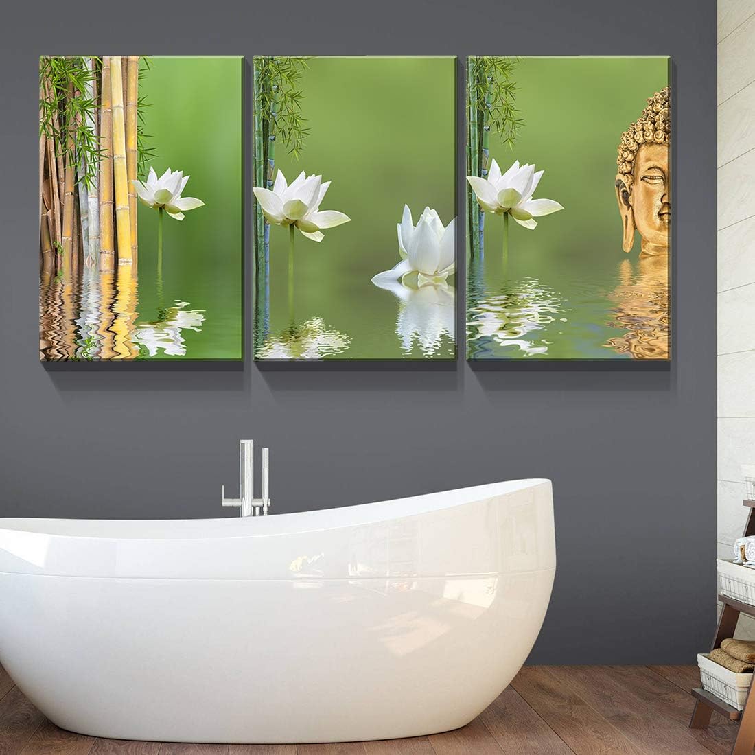 Denozer – Lienzo decorativo para pared de 3 piezas – Naturaleza muerta con bambú de loto blanco y estatua de Buda – Arte moderno para el hogar