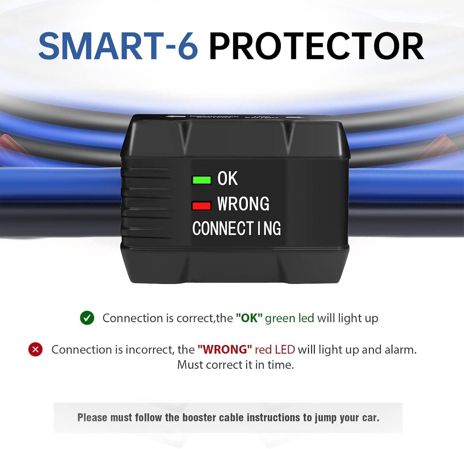 Kit de cables de puente con protector inteligente para automóvil, calibre 6, cable de refuerzo de 16 pies para coche, SUV y camiones batería con