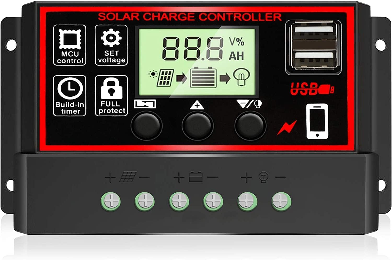 Controlador de carga solar 10A, regulador inteligente de batería de panel solar con pantalla de puerto USB 12V24V (negro)