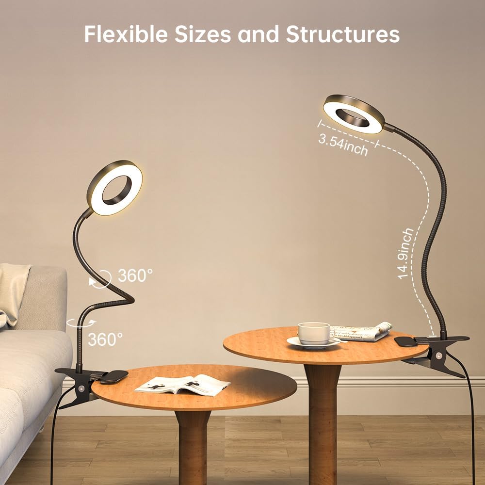KEXIN Lámpara de mesa con clip, 3 modos de color, 10 brillos con abrazadera para el cuidado de los ojos, lámpara de lectura regulable, lámpara de
