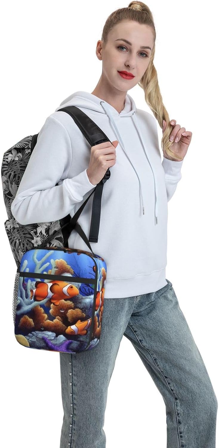 Lonchera con bolsillo lateral, bolsa suave aislada con diseño de peces payaso de dibujos animados, bolsa de almuerzo térmica para picnic de trabajo