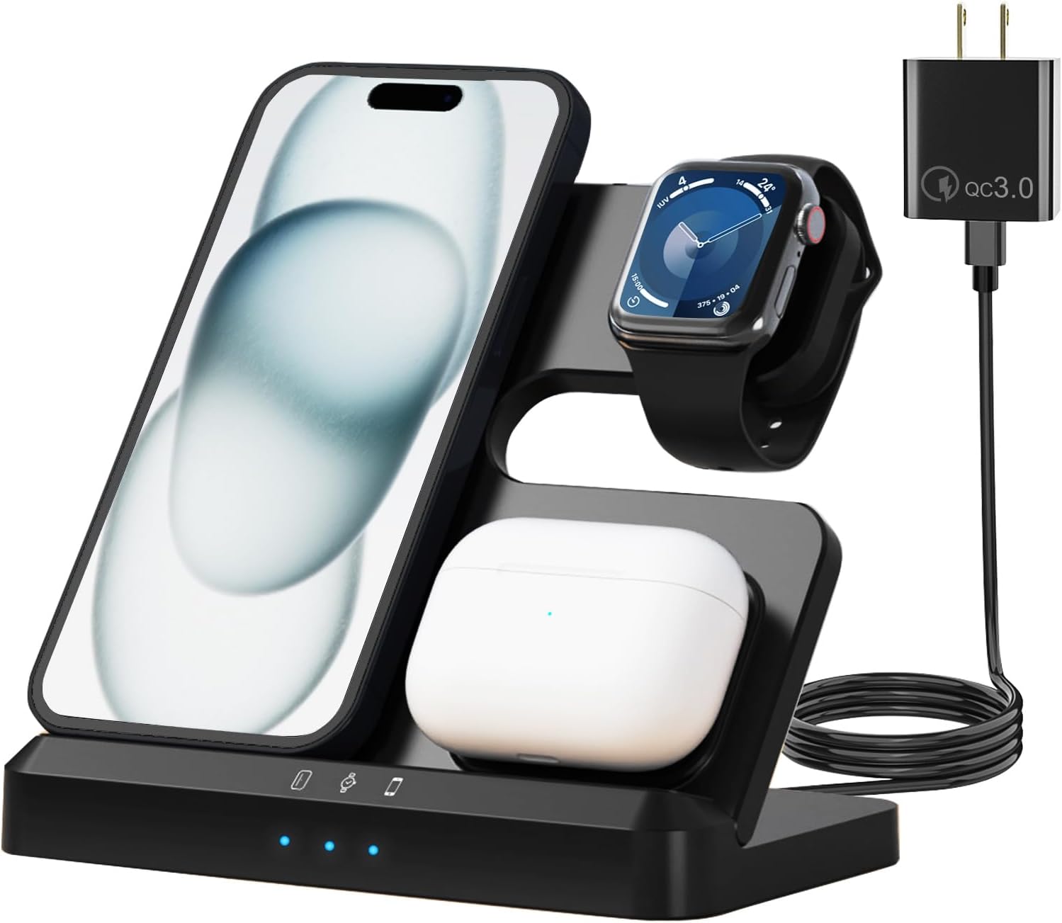 Cargador inalámbrico, estación de carga inalámbrica 3 en 1 para iPhone 15 14 13 12 11 Pro MaxX8, soporte de cargador para Apple Watch Series 9 8