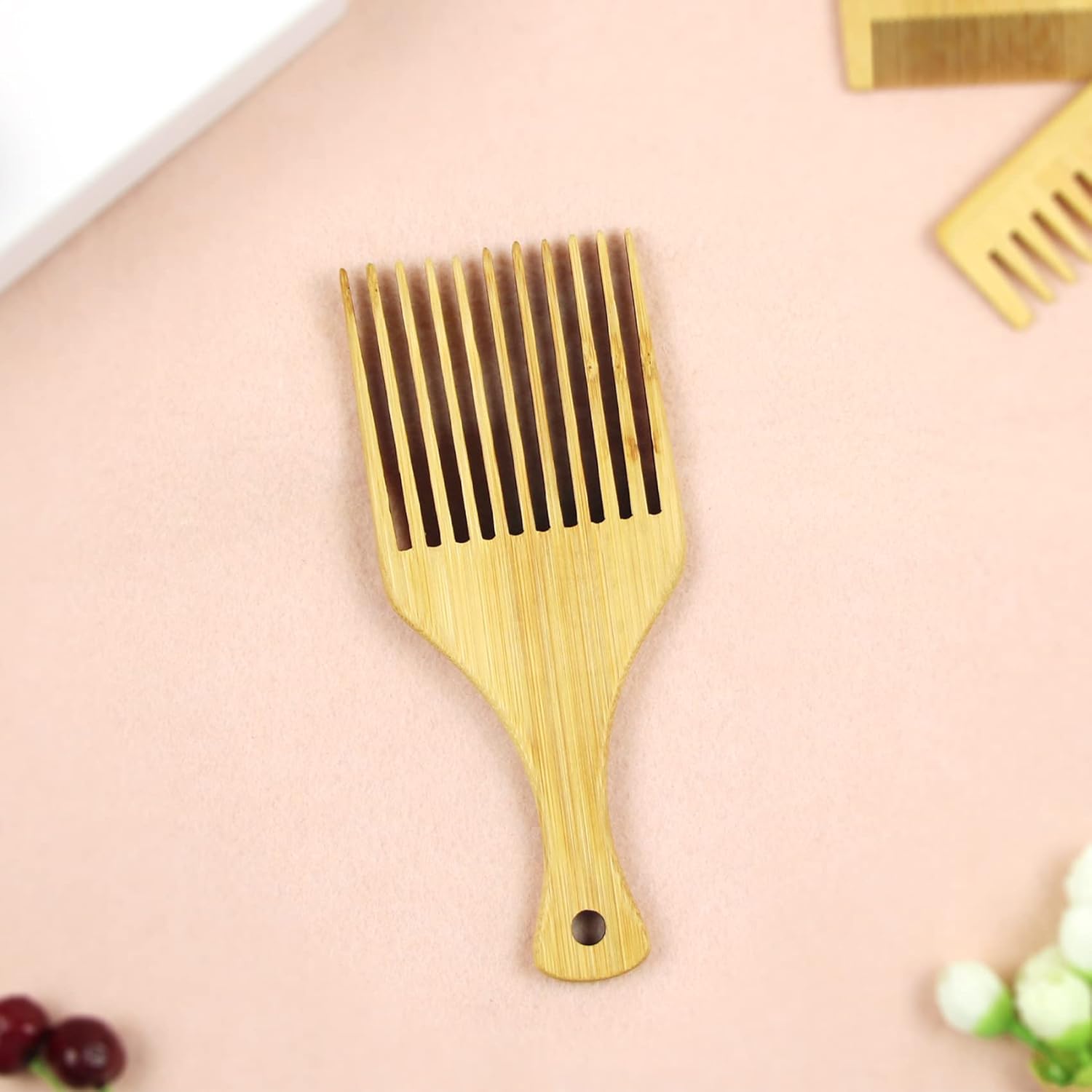 Afro Pick – Peine de pelo antiestático de bambú natural para cabello largo, grueso, rizado, para desenredar los dientes largos, gruesos y rizados,