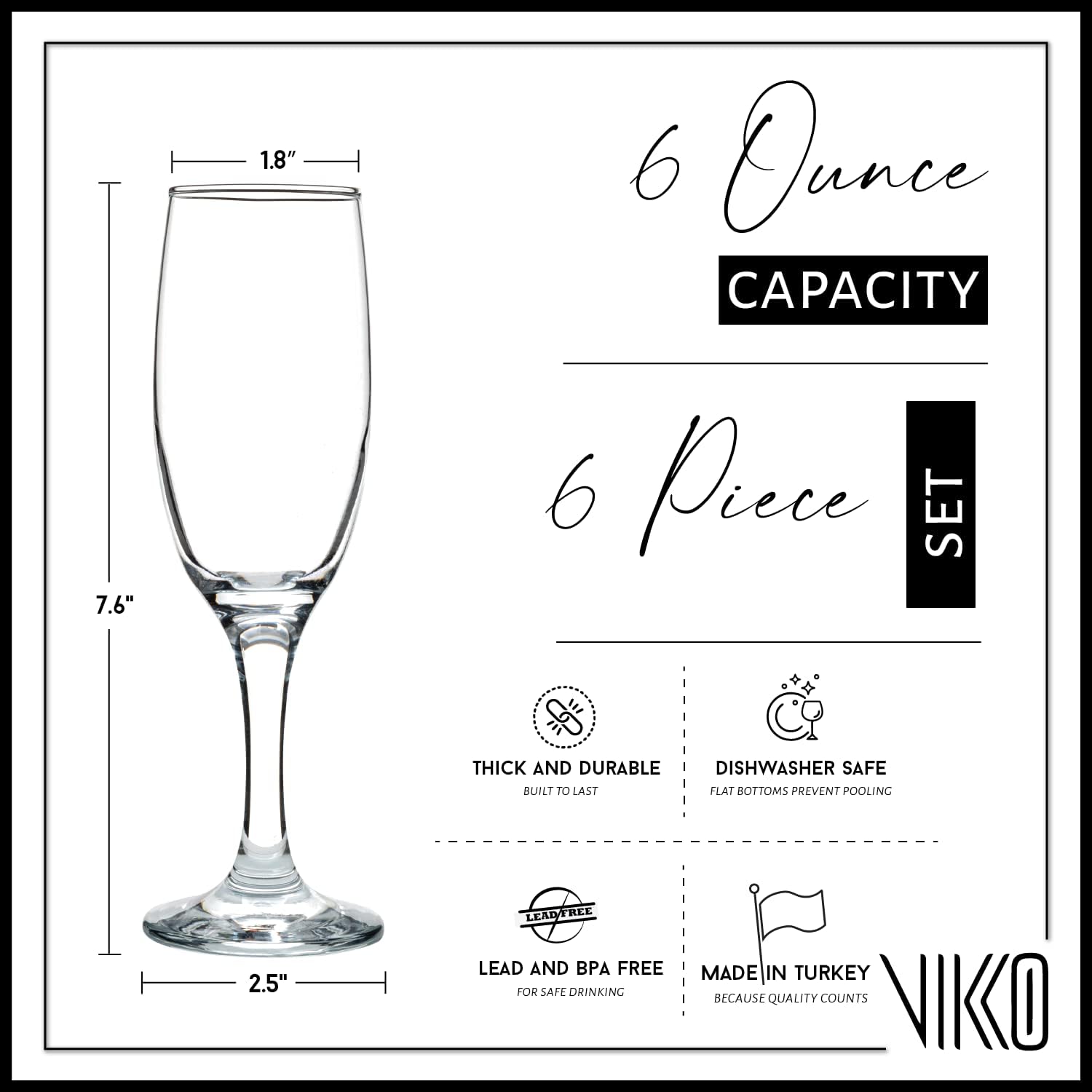 Vikko Copas de champán, 6 onzas, copas de champán transparentes cristalinas, juego de 6 elegantes copas de vino espumoso