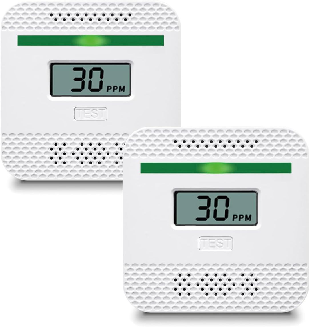 COOKSS – Detector de monóxido de carbono, 2 unidades, monitor de gas CO con pantalla digital LCD y advertencia de sonido, alarma de CO de alta