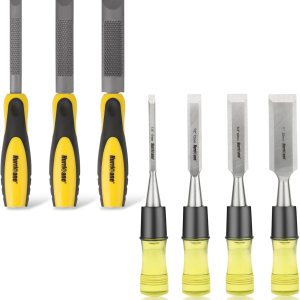 Juego de 4 cinceles de madera, cincel de madera de PVC de alto impacto, con cincel de madera de combinación de 3 piezas y juego de limas de madera Juego de 4 cinceles de madera, cincel de madera de PVC de alto impacto, con cincel de madera de combinación de 3 piezas y juego de limas de madera