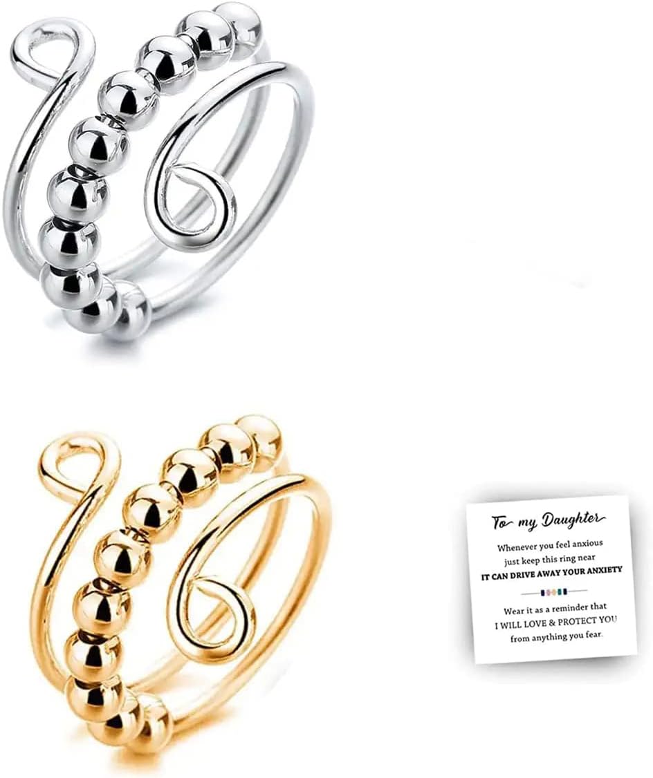 Anillo para ansiedad con cuentas de arcoíris de mamá con texto en inglés “To My Daughter”, anillos ajustables abiertos para ansiedad para mujeres,