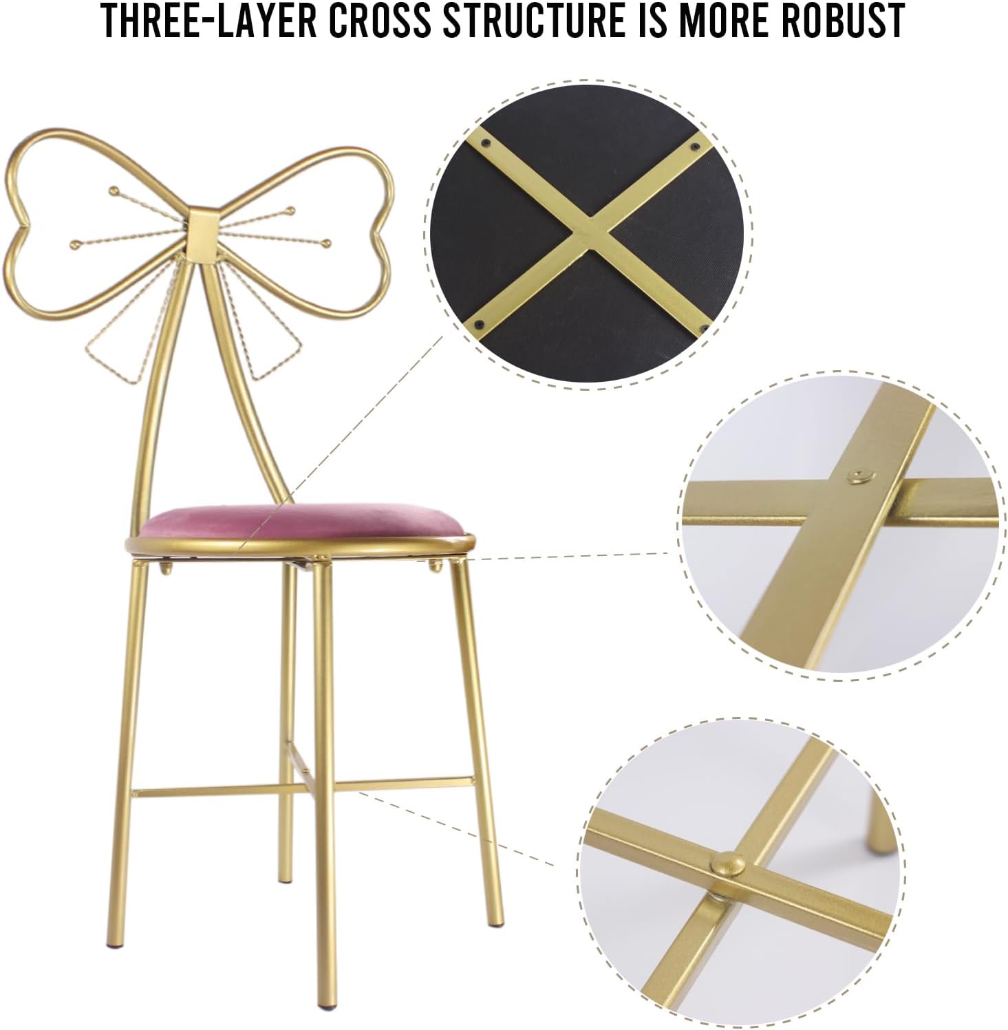 Puclekne Silla de tocador para maquillaje, moderna silla de terciopelo con diseño de mariposa, linda silla rosa con nudo de lazo para niñas con pata