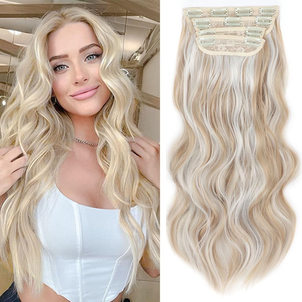 4 extensiones de cabello sintético con clip para mujer, rubio ceniza oscuro, mezclado con rubio decolorado, largo, ondulado, natural, 20 pulgadas,