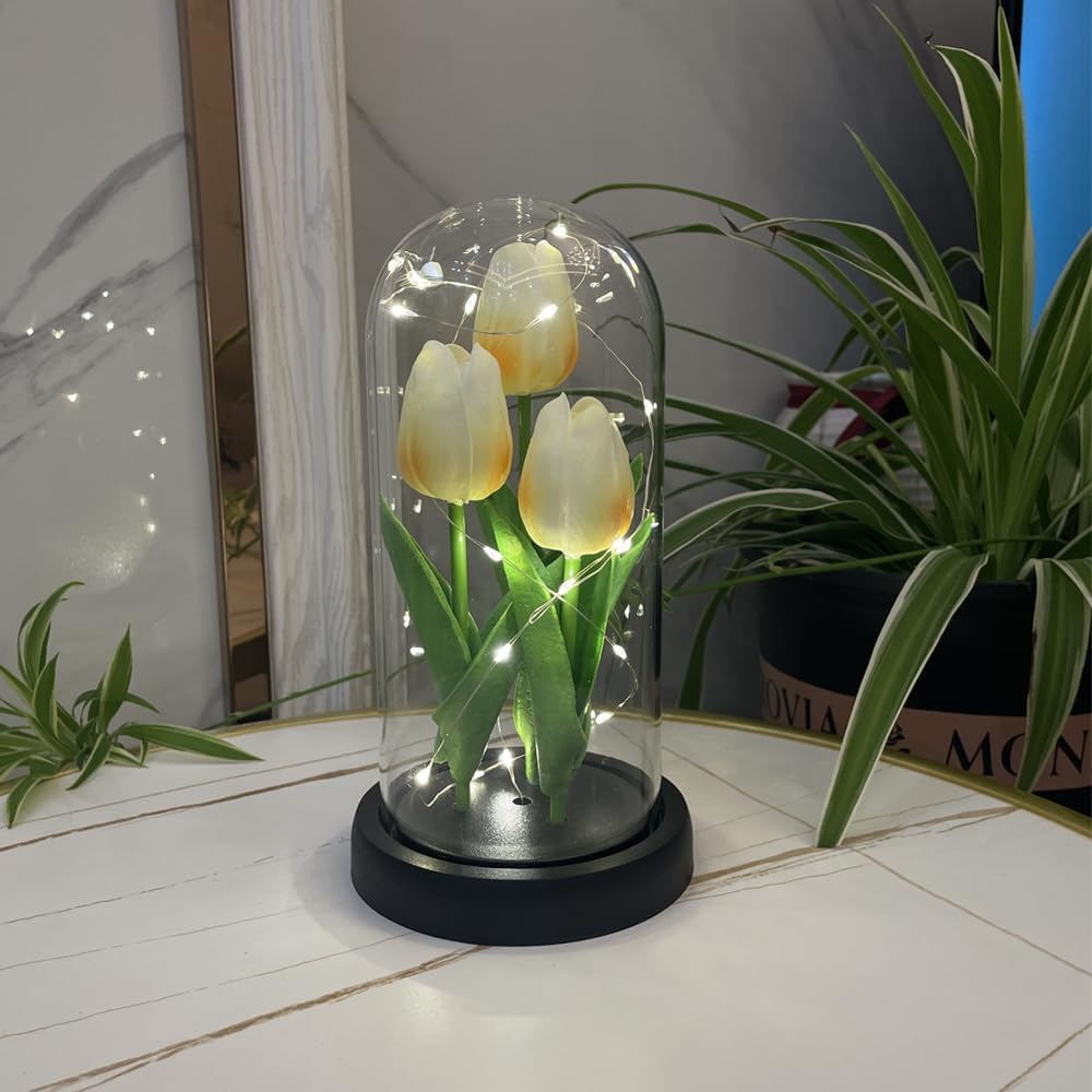 Lámpara LED de tulipán, luz nocturna de flores artificiales, hecha a mano, tulipanes iluminados en cúpula de cristal, lámpara de mesa, decoración de