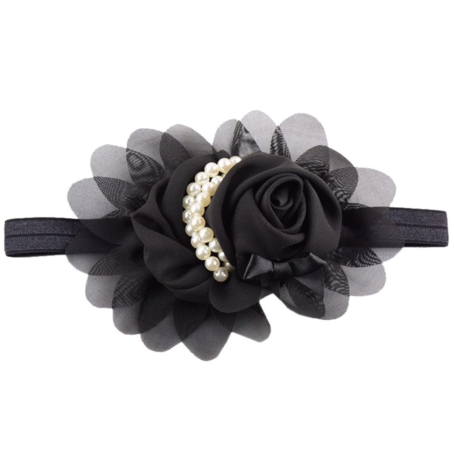 2 diademas negras para bebé niña con perlas y flores de perlas, accesorios de banda para el pelo para niños pequeños (FD48-negro)