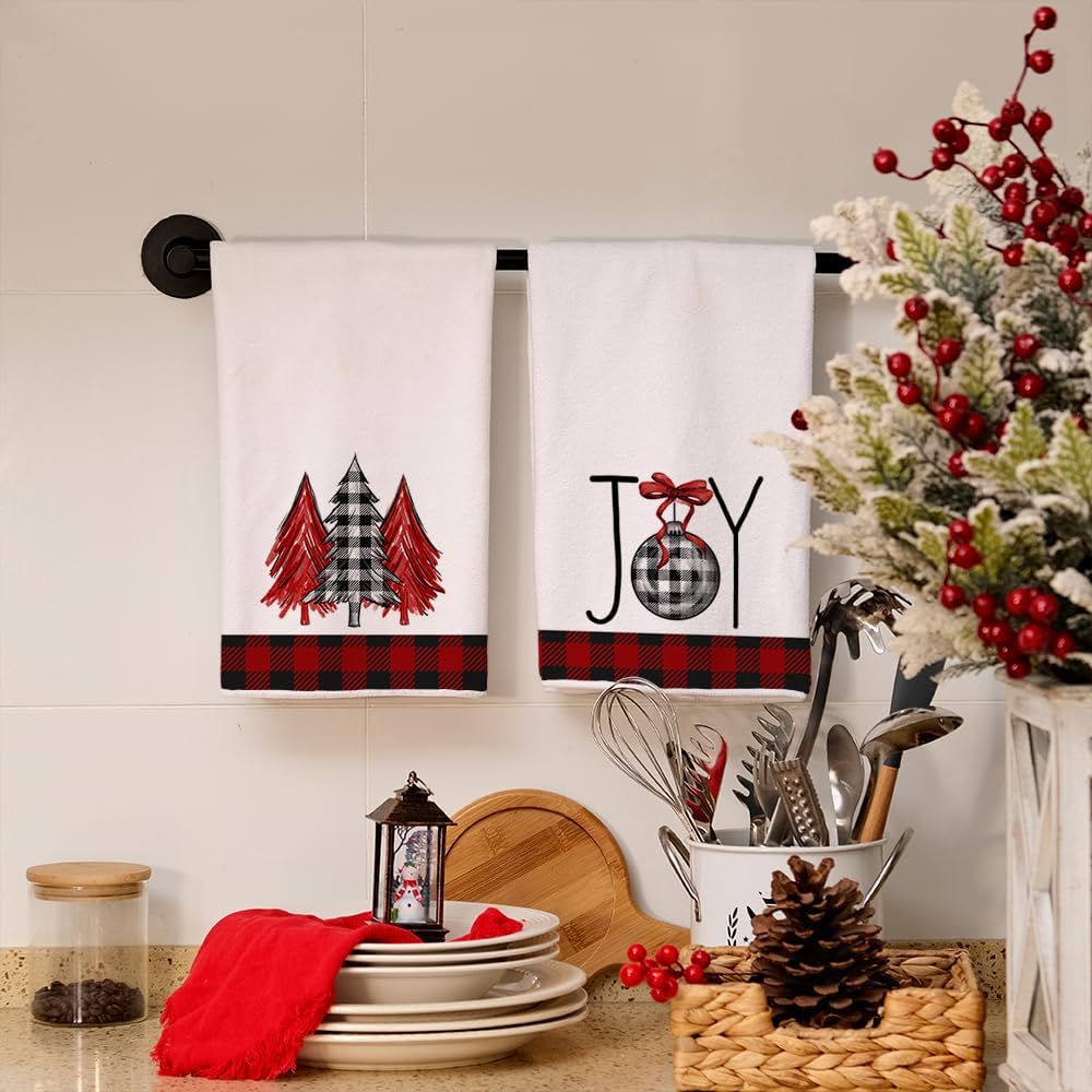ARKENY AD134 – Juego de 2 paños de cocina de Navidad, diseño de búfalo rojo, árbol de Navidad, 18 x 26 pulgadas, decoración del hogar de granja