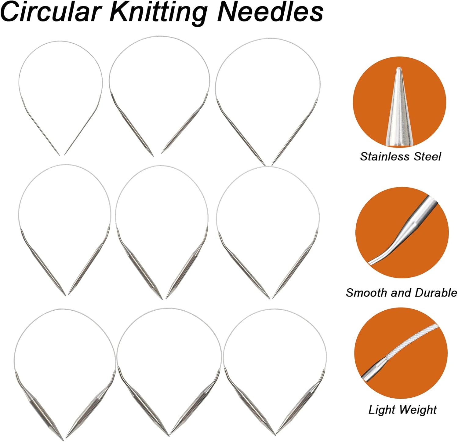 9 Pieces Size Marked US 0-15 Circular Knitting Needles Stainless Steel Knitting Needles Set for Beginner (16 Inch)