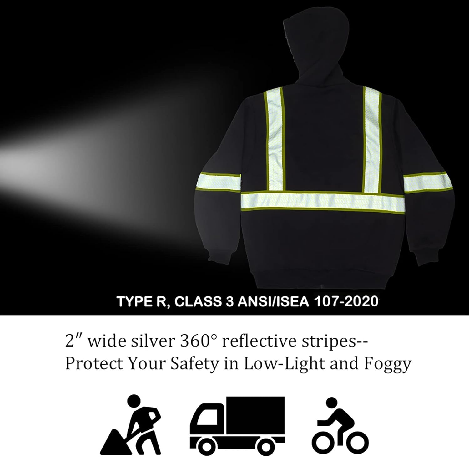 Sudadera reflectante de seguridad ANSI Clase 3 para hombre, de lana y forro polar, con cremallera y parte inferior negra (negro, XL)