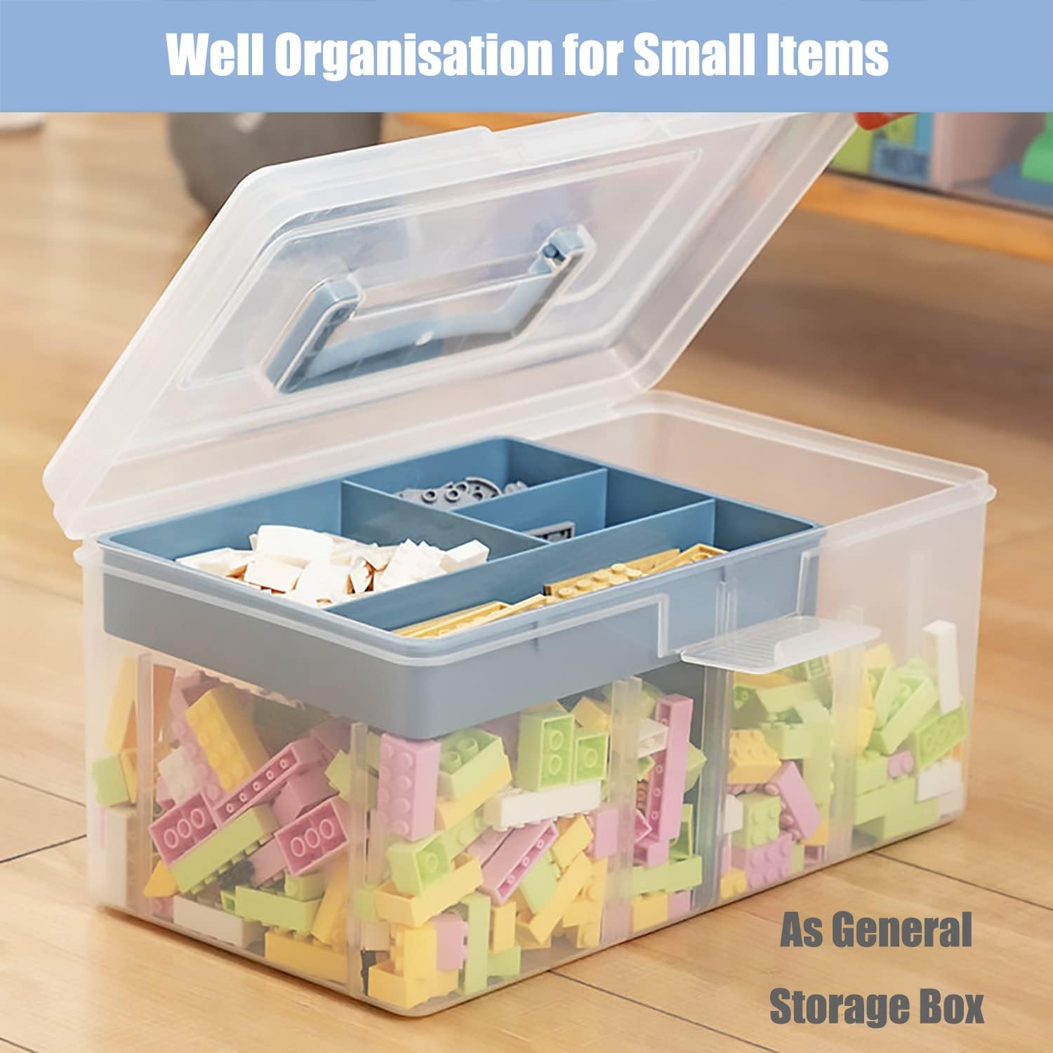 Caja organizadora de suministros de plástico transparente para artes y manualidades, caja grande con una bandeja extraíble, una partición y asa,