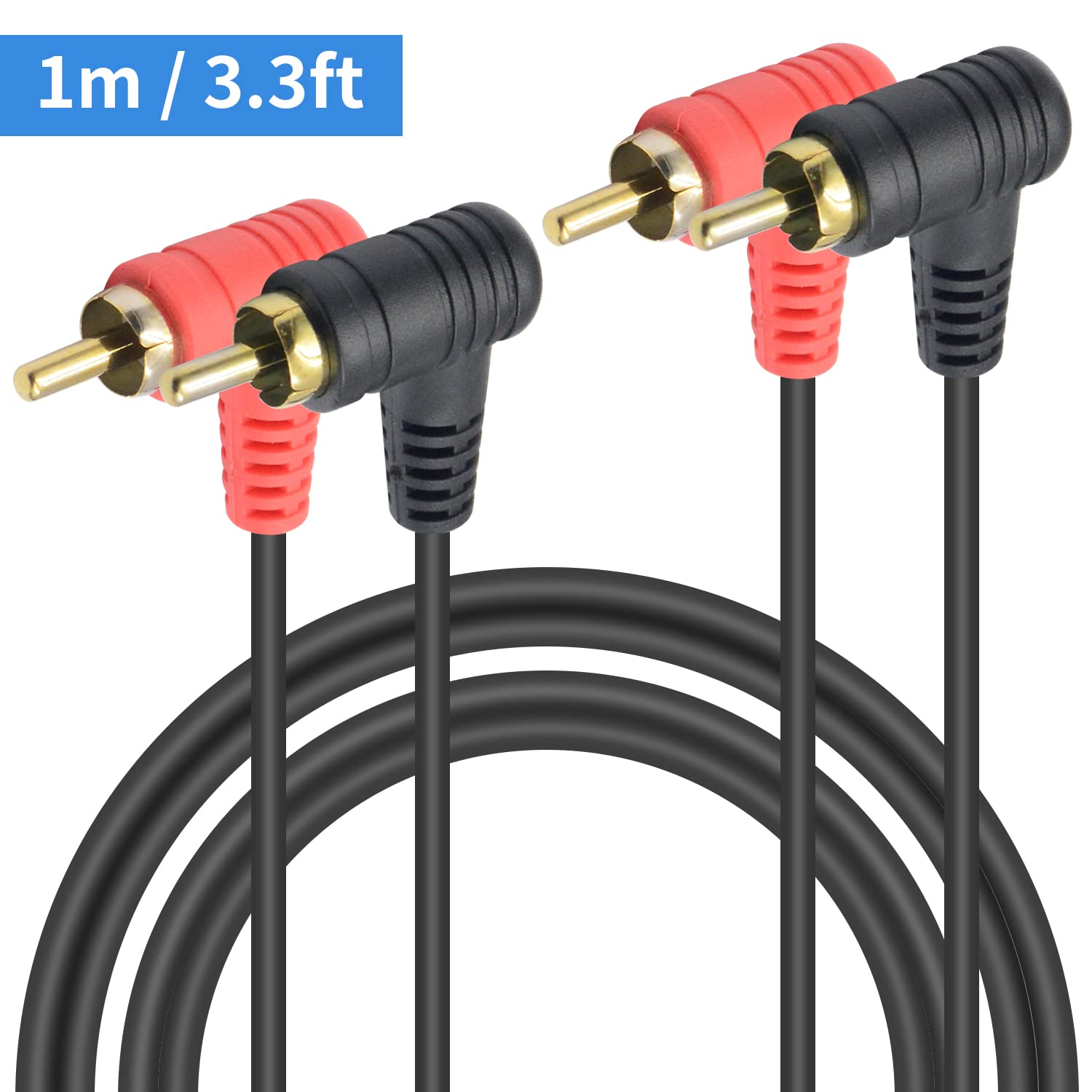 Duttek Cable RCA de 90 grados de 3 pies  3.3 ft, cable RCA doble en ángulo recto macho a macho chapado en oro, cable de audio RCA para