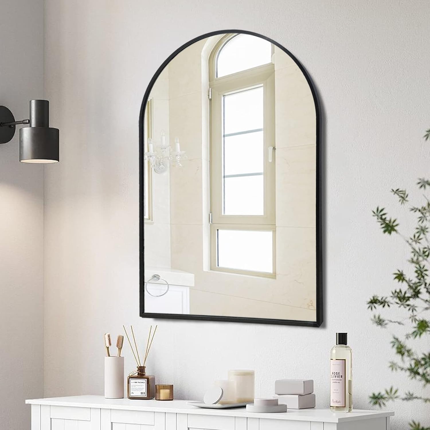 Espejo de pared arqueado de 20 x 30 pulgadas, espejo de baño arqueado negro, espejo arqueado para decoración de tocador con marco de metal, espejo
