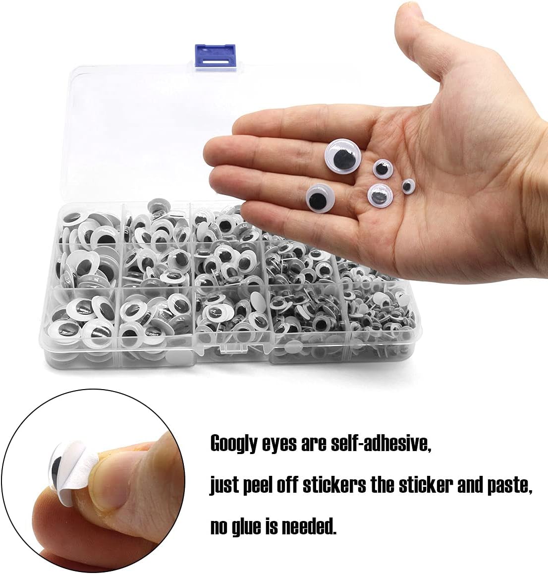 960 Ojos Googly para manualidades, ojos negros ondulantes con autoadhesivo, 0.236 in, 0.315 in, 0.394 in, 0.472 in, 0.591 in, embalaje mixto