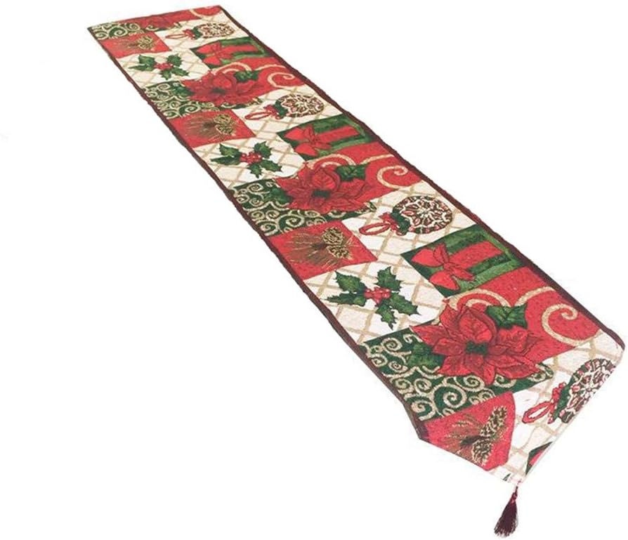 Camino de mesa decorativo de Navidad de 13 x 71 pulgadas, tejido jacquard rojo de flor de pascua verde, hojas verdes, alegría, paz, amor, flor de