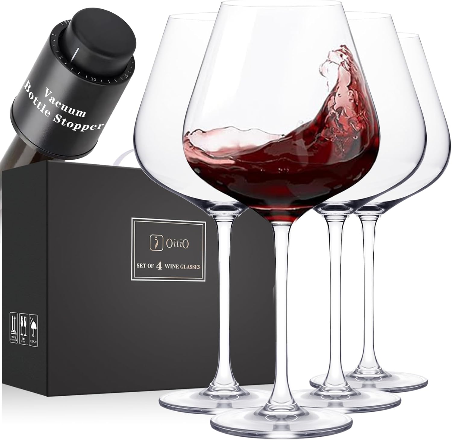 Juego de 4 copas de vino tinto de cristal de 23 onzas, grandes, copas de vino blanco de tallo largo modernas con tapón de vino, juego de regalo