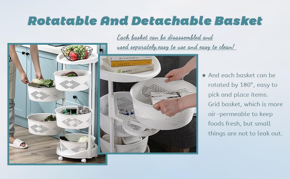 Estante giratorio de almacenamiento de cocina de 5 capas, cesta de almacenamiento de frutas y verduras con ruedas, estante de almacenamiento móvil