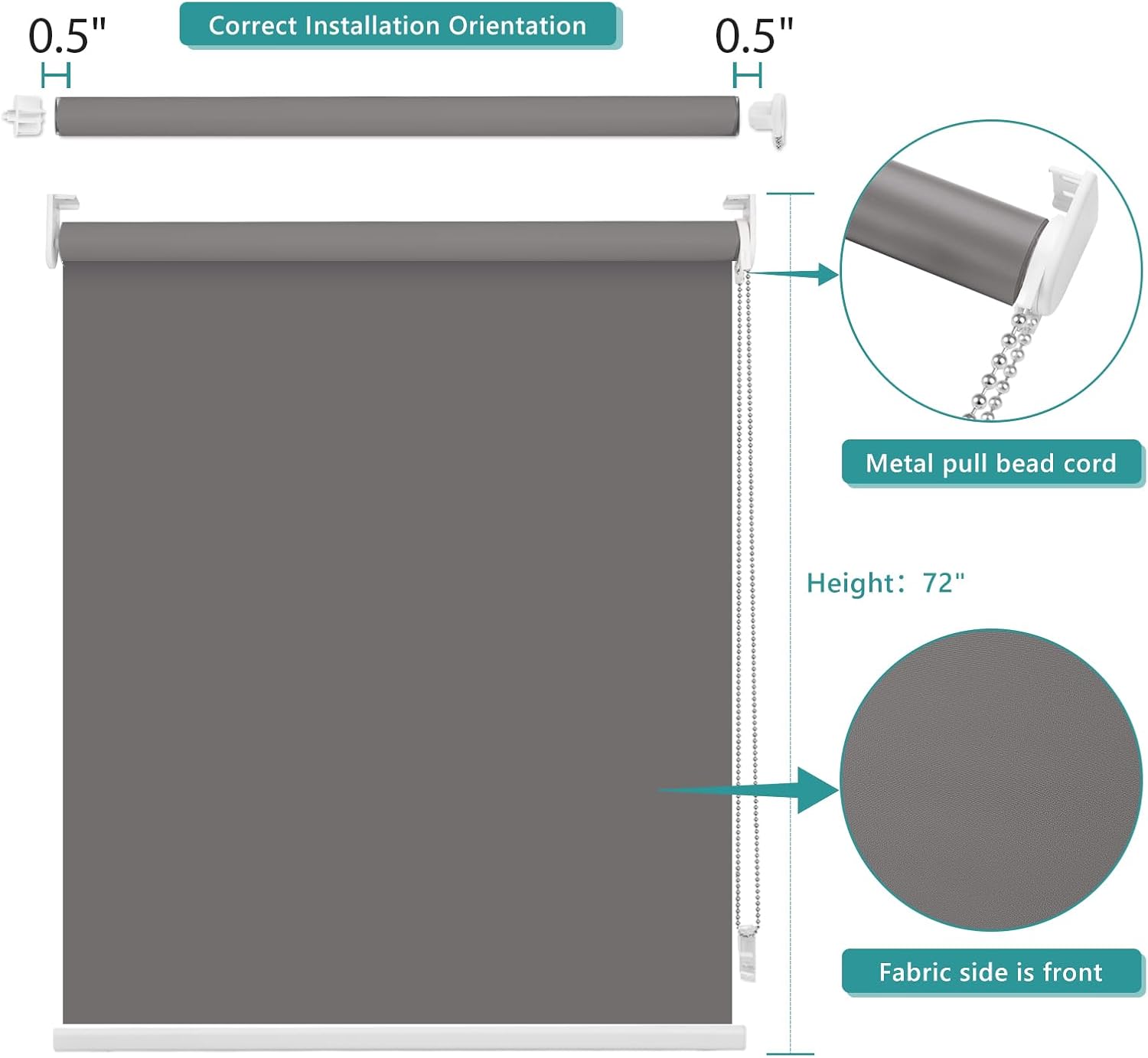 Persianas enrollables 100% opacas para ventana, color carbón de 20 x 72 pulgadas, con aislamiento térmico, protección UV, privacidad, tela