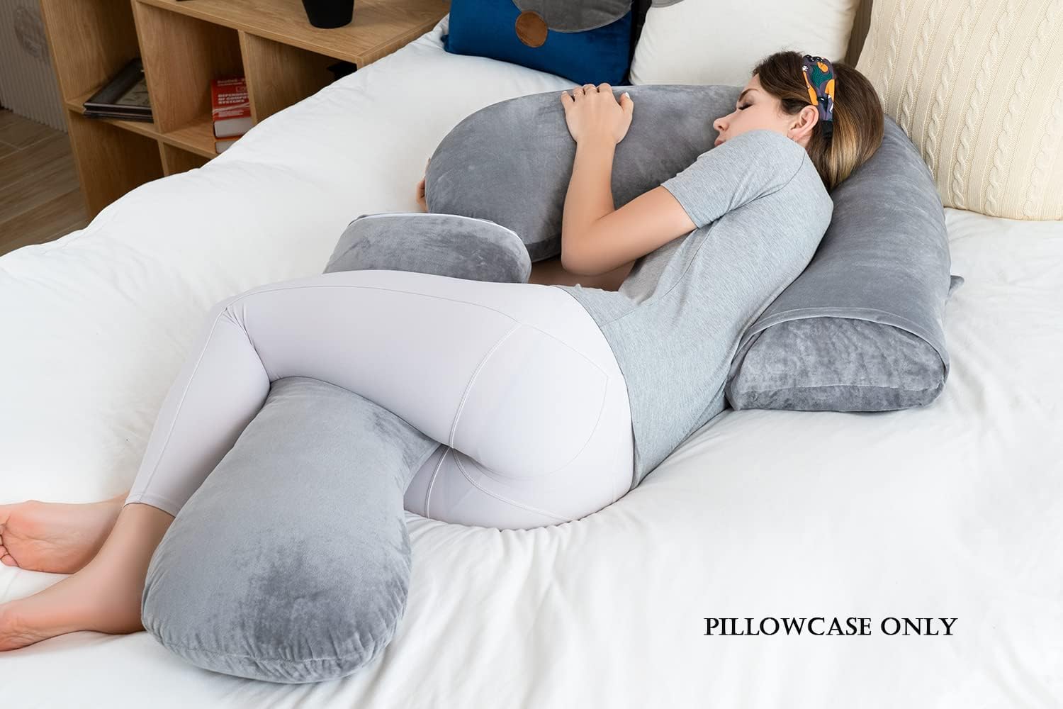 INSEN Funda de almohada corporal de embarazo, funda de almohada de cuerpo completo para mujeres embarazadas, terciopelo gris, en forma de L