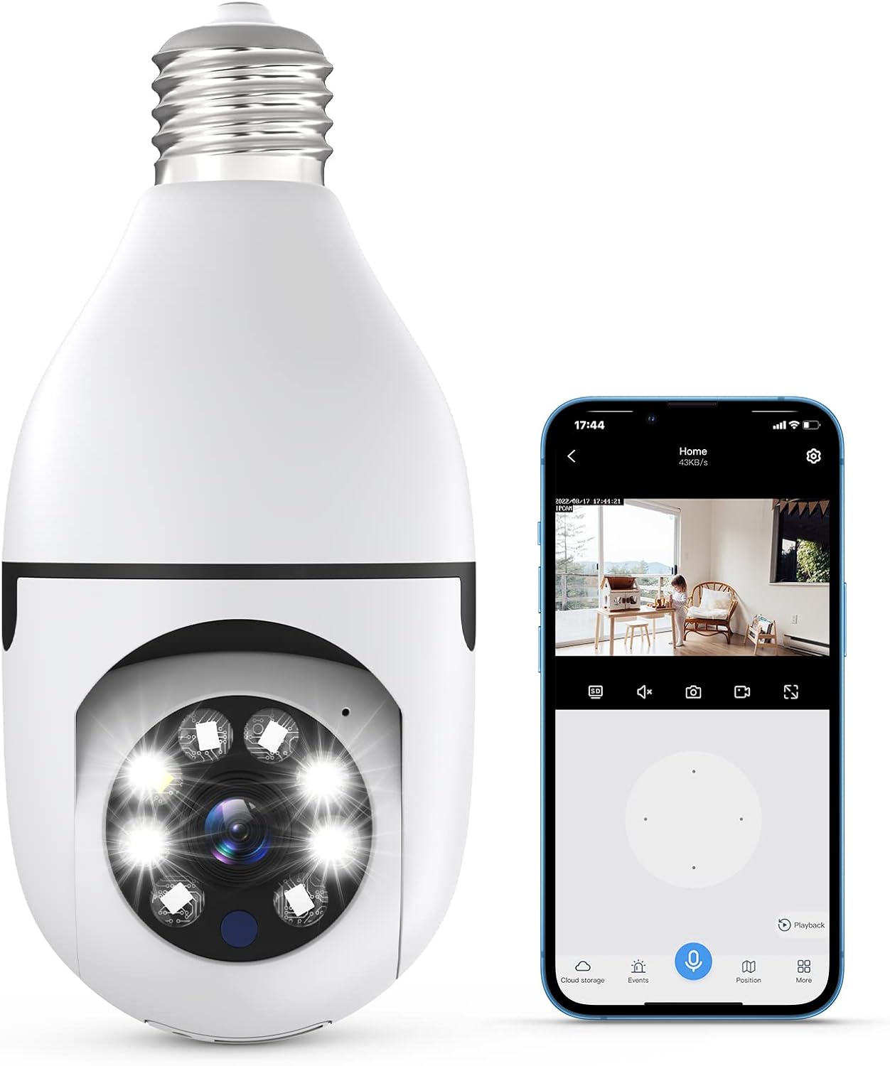 SAFEVANT Bombilla de cámara de seguridad WiFi para exteriores, 1080P inteligente de 360 grados con rosca de 360 grados con audio bidireccional a