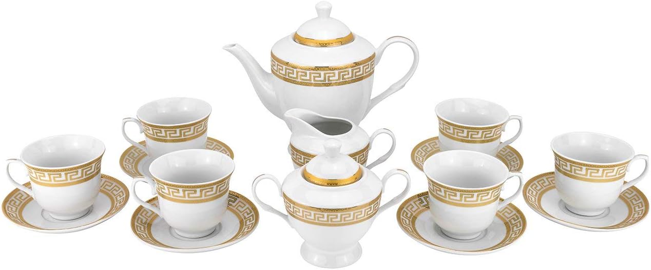Royalty Juego de té de porcelana de 17 piezas de porcelana de diseño griego antiguo (dorado)