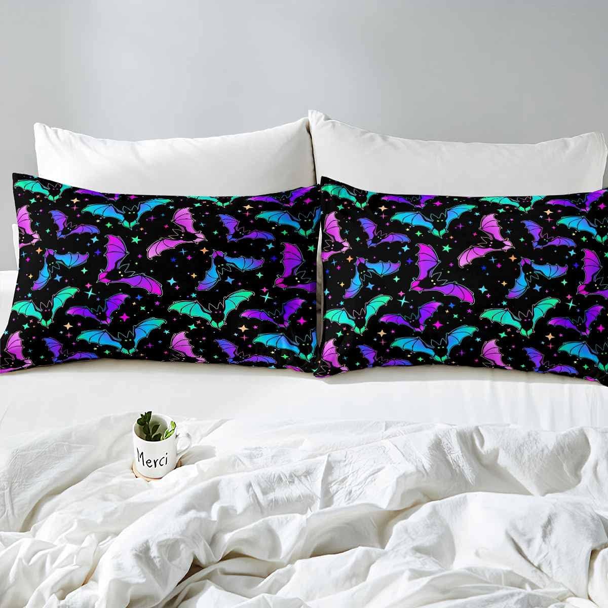Feelyou Juego de ropa de cama con diseño de murciélagos, color verde azulado y morado, juego de edredón degradado para niños y niñas, 2 fundas de