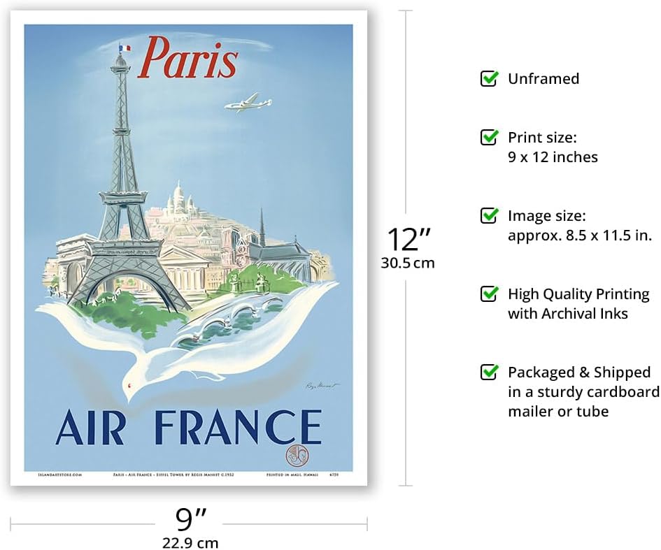 Régis Manset c.1952 – Póster de viaje con diseño de la Torre Eiffel de París, Francia, 9 x 12 pulgadas