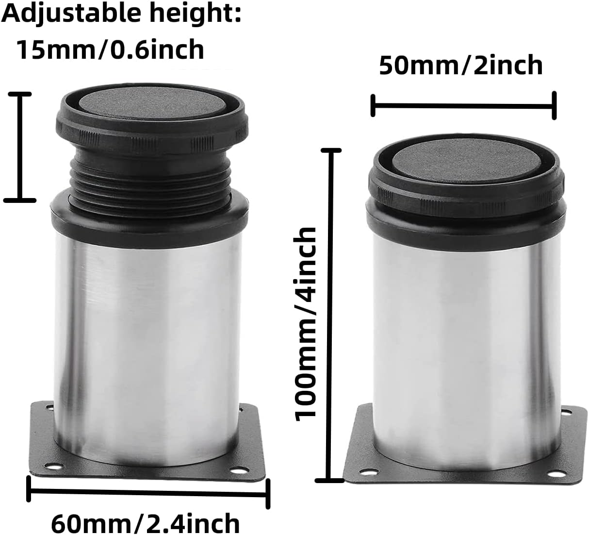 4 patas ajustables para muebles de 4 pulgadas (3.937 in), patas redondas de acero inoxidable, patas redondas de gabinete, patas de cocina ajustables