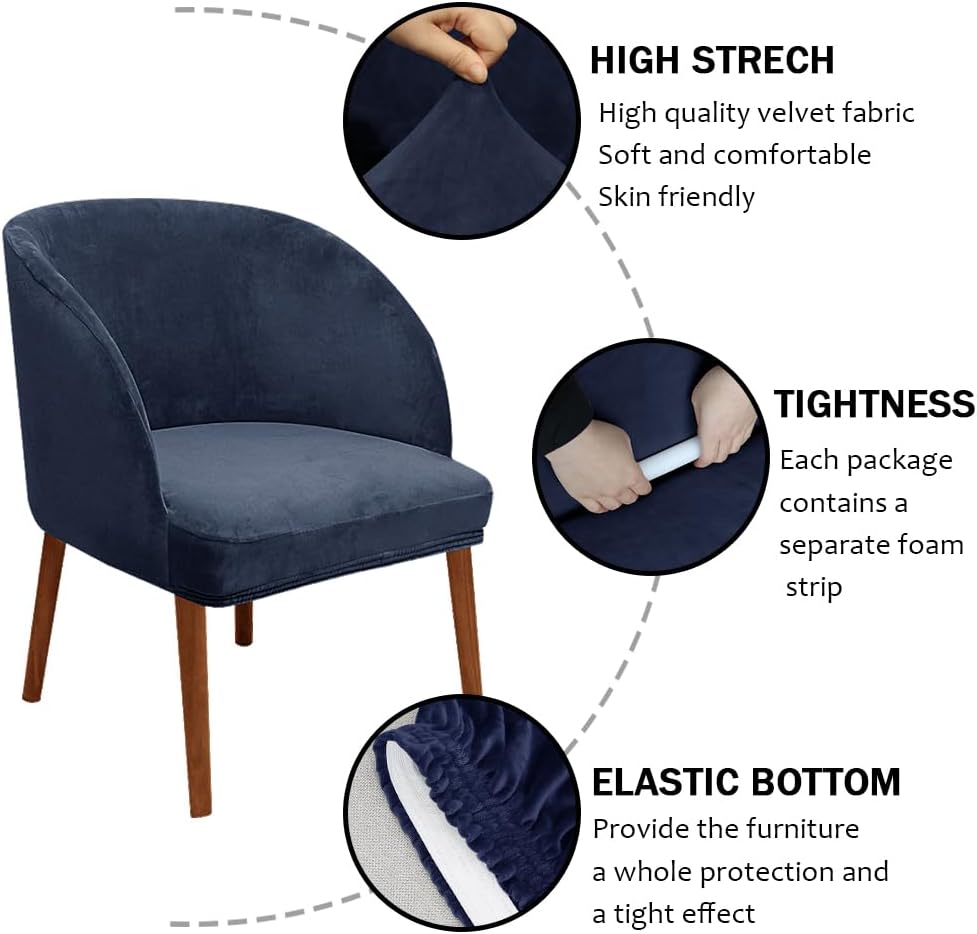 Juego de 2 fundas elásticas de terciopelo azul oscuro para silla, fundas curvas para respaldo con parte inferior elástica, funda suave de lujo para
