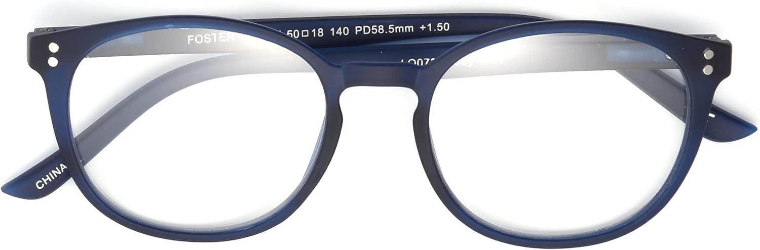 Foster Grant Joey – Gafas de lectura unisex con luz azul antiniebla, color azul marino de goma mate, 1.969 in de EE. UU, Azul marino de goma mate