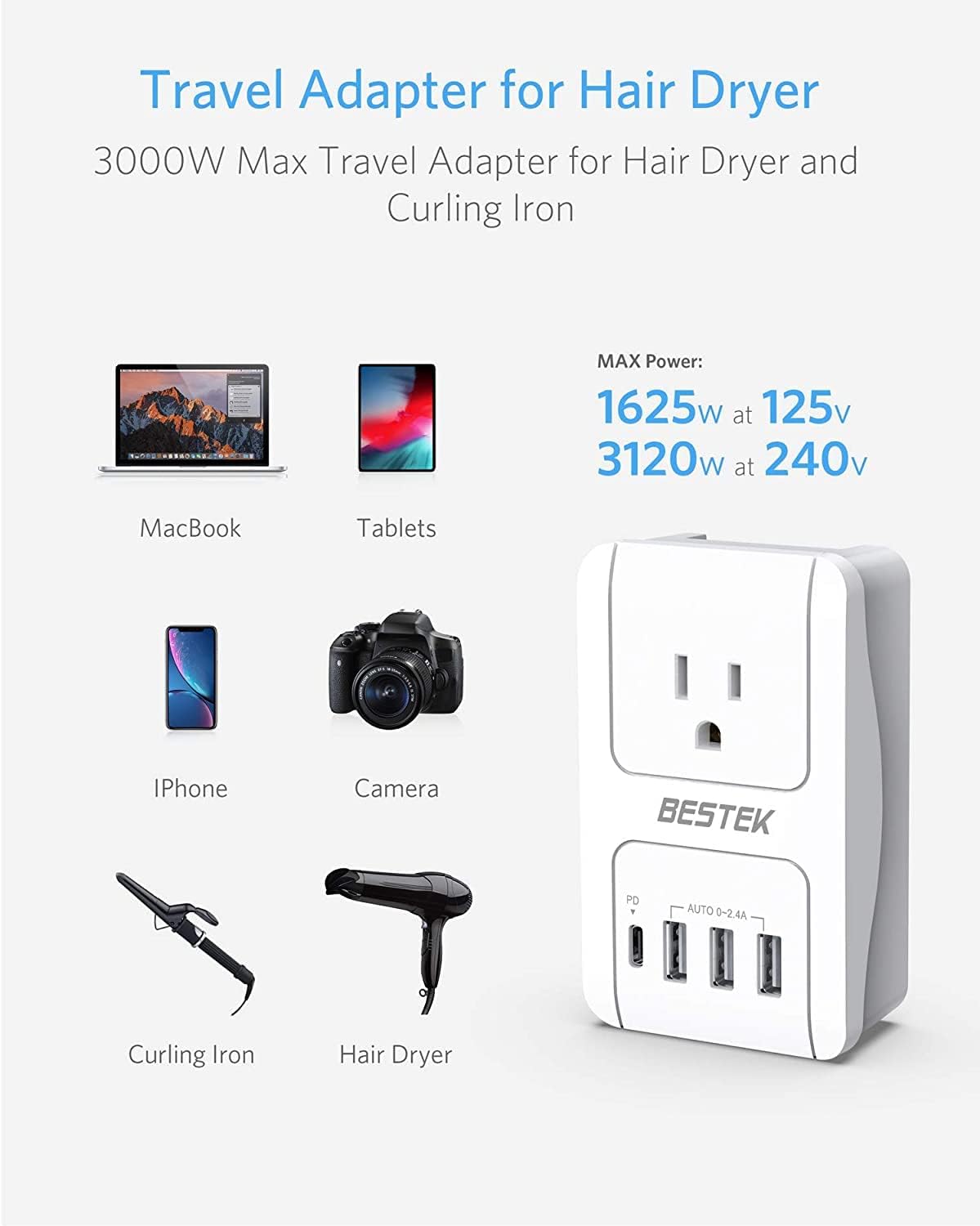 BESTEK Adaptador de viaje internacional, adaptador de viaje convertidor de 3000 W para secador de pelo, cargador de pared de viaje USB con enchufes