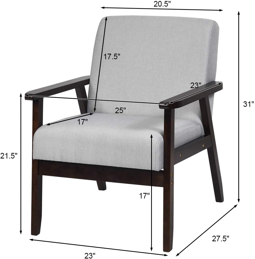 Giantex Silla decorativa moderna Mid-Century, sillón de tela retro, hecho de madera maciza, sillón tapizado de lino para sala de estar (1, gris