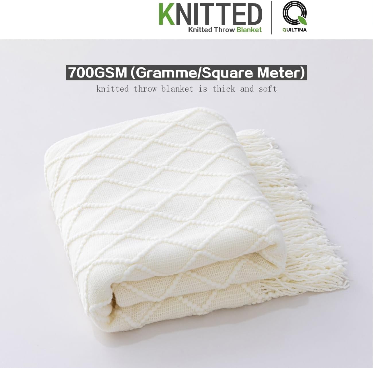 QUILTINA Manta de punto bohemia blanca con borlas, adecuada para sofá, 700GSM, gruesa, ultrasuave, para todas las estaciones, decoración y uso al