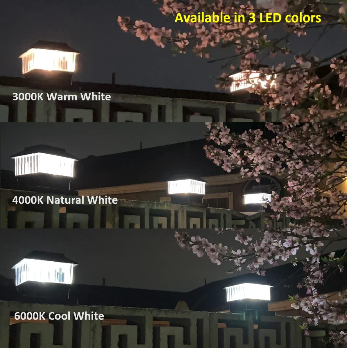 Luces solares de 50 lúmenes para postes de 4 x 4 pulgadas y 5.5 x 5.5 pulgadas, tres LED de color seleccionables, filamento LED de alto brillo para