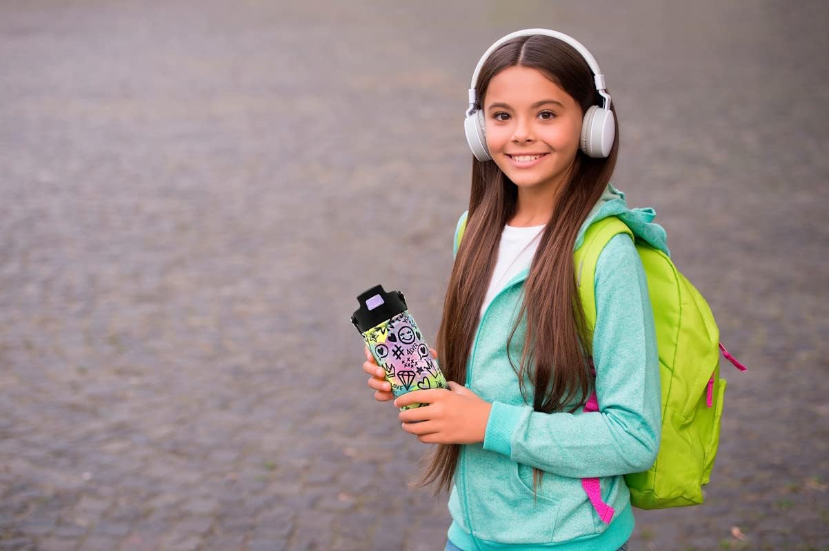 Hydraflow Botella de agua híbrida para niños con tapa abatible con popote y bota, botella de agua aislada al vacío de triple pared (14 onzas, azul