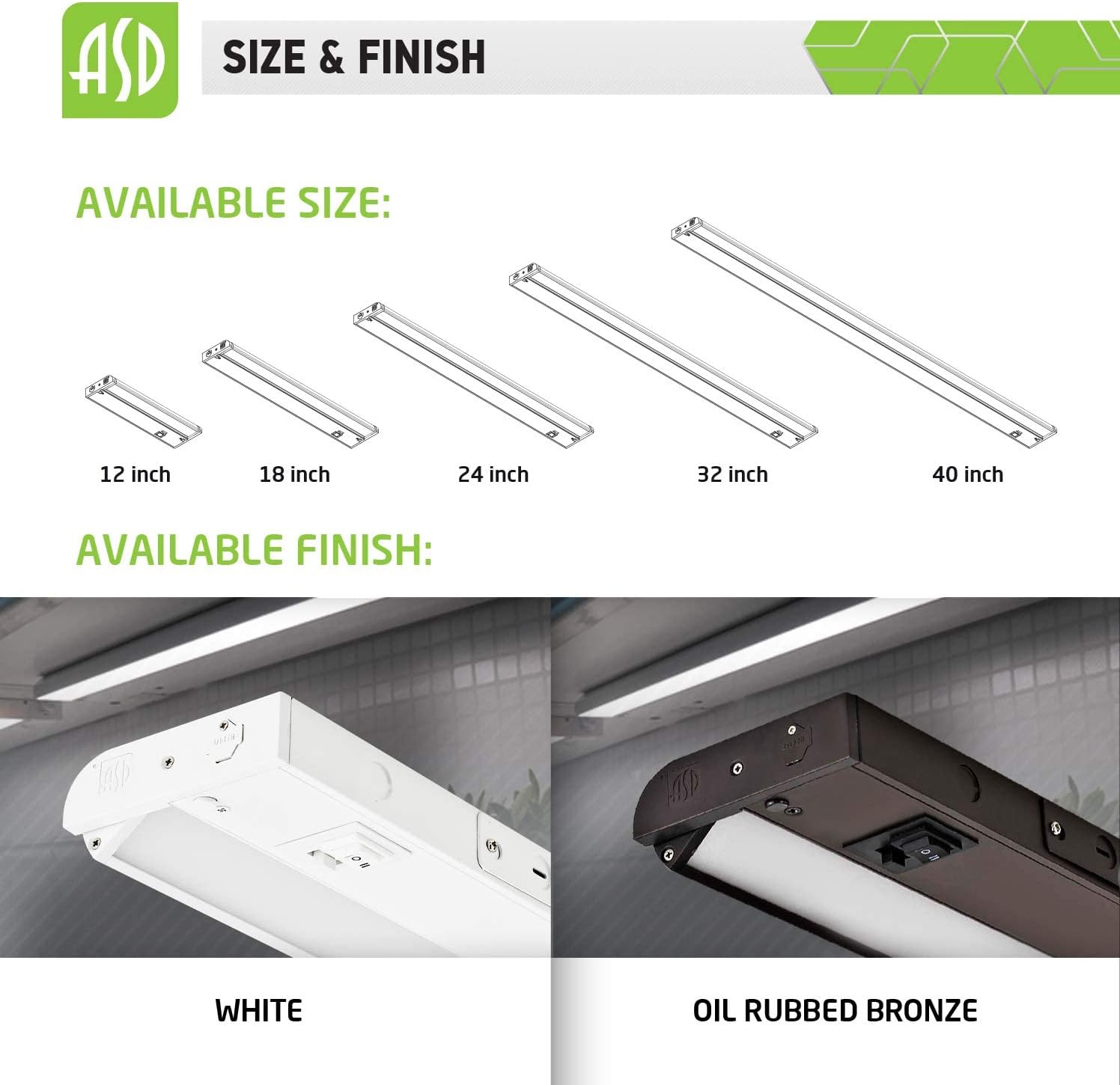 ASD Iluminación LED giratoria para debajo del gabinete, bronce de 18 pulgadas, 8 W, cableado o enchufable, 2700 K3000 K4000 K seleccionable, lente