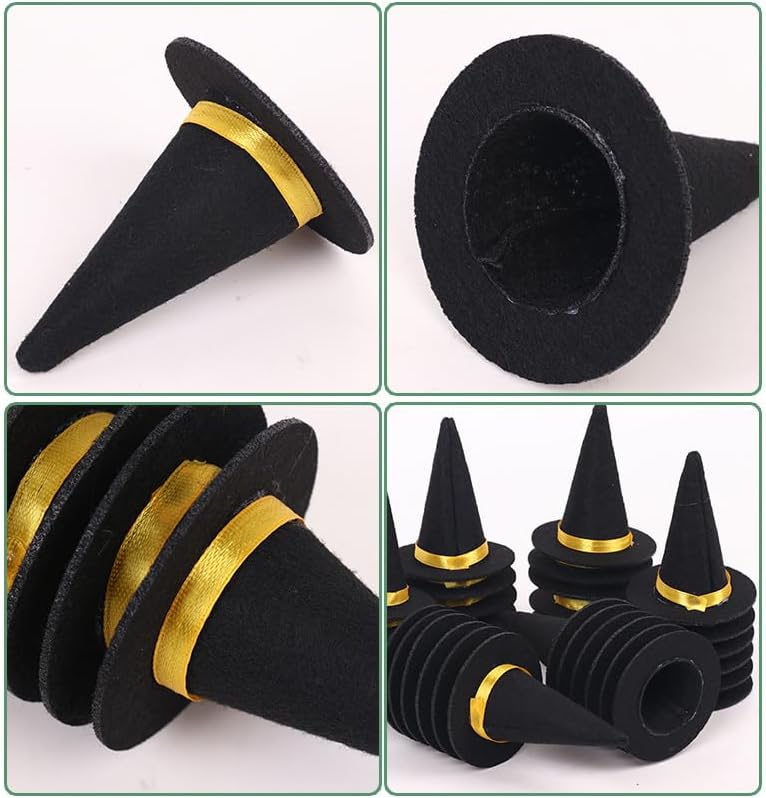 6 sombreros de bruja de fieltro hechos a mano para decoración de botellas de vino para fiestas de Halloween, accesorios para el cabello, manualidades