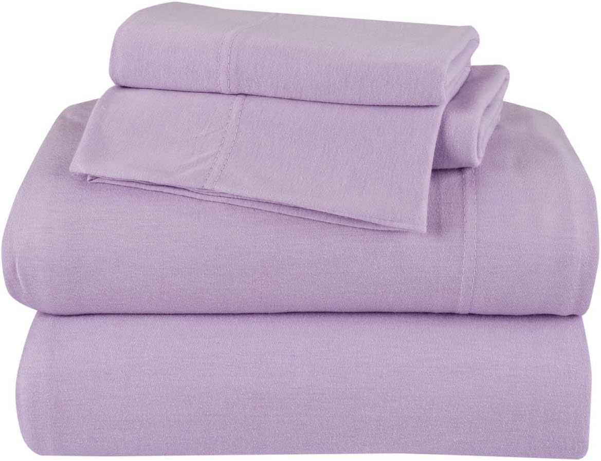 DELANNA Juego de sábanas de punto de jersey suave, transpirable, tejido de camiseta rico en algodón (lila, matrimonial)