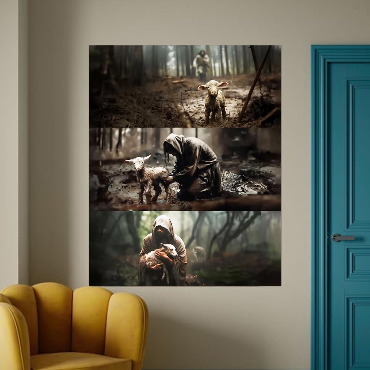 Jesus Paintings – Póster decorativo de satén con retrato de The Good Shepherd, decoración de pared religiosa para el hogar, dormitorio, 24 x 30