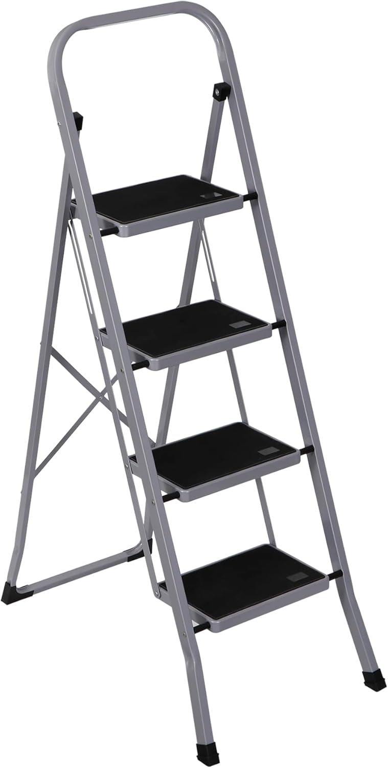 F2C Escalera plegable de 4 escalones con práctico mango portátil, taburete de acero resistente, pedal antideslizante ancho 330 libras, blanco y